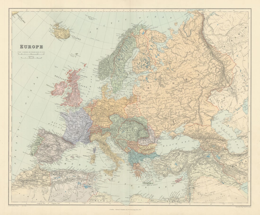 Europe. Great Powers. Austria-Hungary Russia Turkey. 53x64cm. STANFORD 1904 map: Title: Europe. Great Powers. Austria-Hungary Russia Turkey. 53x64cm. STANFORD 1904 map Description: Europe'. Stanford's Geographical Establishment. Published 1904. Large (folio) antique atlas map.