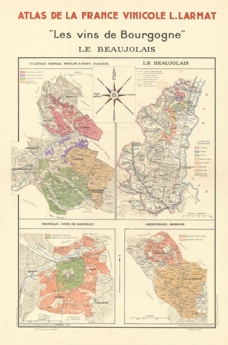 BURGUNDY BOURGOGNE WINE MAP Le Beaujolais. Appellations vineyards. LARMAT 1942: Title: BURGUNDY BOURGOGNE WINE MAP Le Beaujolais. Appellations vineyards. LARMAT 1942 Description: "Les Vins de Bourgogne" - Le Beaujolais - Juliénas. Chenas. Moulin-à-Vent. Fleurie -
