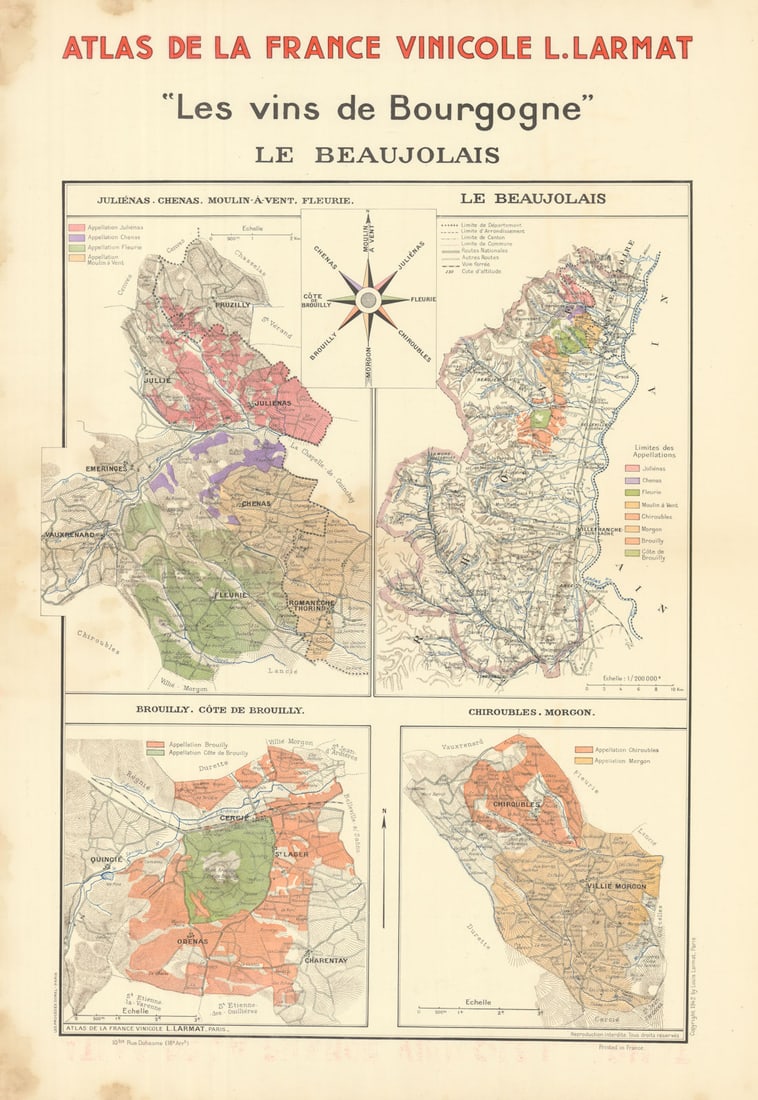 BURGUNDY BOURGOGNE WINE MAP Le Beaujolais. Appellations vineyards. LARMAT 1942: Title: BURGUNDY BOURGOGNE WINE MAP Le Beaujolais. Appellations vineyards. LARMAT 1942 Description: "Les Vins de Bourgogne" - Le Beaujolais - Juliénas. Chenas. Moulin-à-Vent. Fleurie -