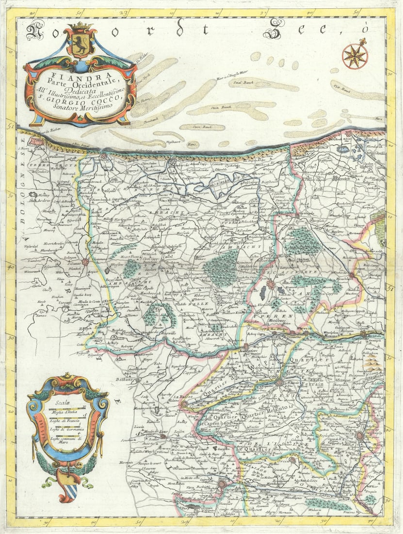 Flandra parte occidentale. Flanders. France/Belgium. CORONELLI 1696 old map: Title: Flandra parte occidentale. Flanders. France/Belgium. CORONELLI 1696 old map Description: Flandra parte occidentale, dedicata all'illustrissimo et eccelentissimo S. Giorgio Cocco, senatore