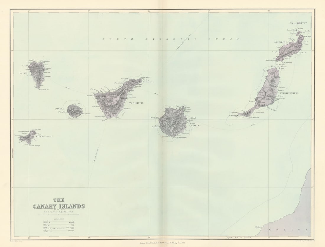 Canary Islands. Tenerife Gran Canaria Lanzarote. 50x65cm. STANFORD 1896 map: Title: Canary Islands. Tenerife Gran Canaria Lanzarote. 50x65cm. STANFORD 1896 map Description: The Canary Islands (Spanish)'. Stanford's Geographical Establishment. Published 1896. Large (folio)