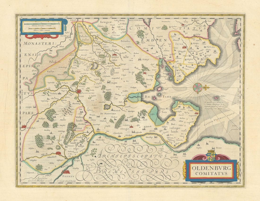 Oldenburg Comitatus. County of Oldenburg by Blaeu. Lower Saxony 1645 map: Title: Oldenburg Comitatus. County of Oldenburg by Blaeu. Lower Saxony 1645 map Description: Oldenburg Comitatus [County of Oldenburg]. Joan/Johannes Blaeu. Published 1645. Original large folio 17th c