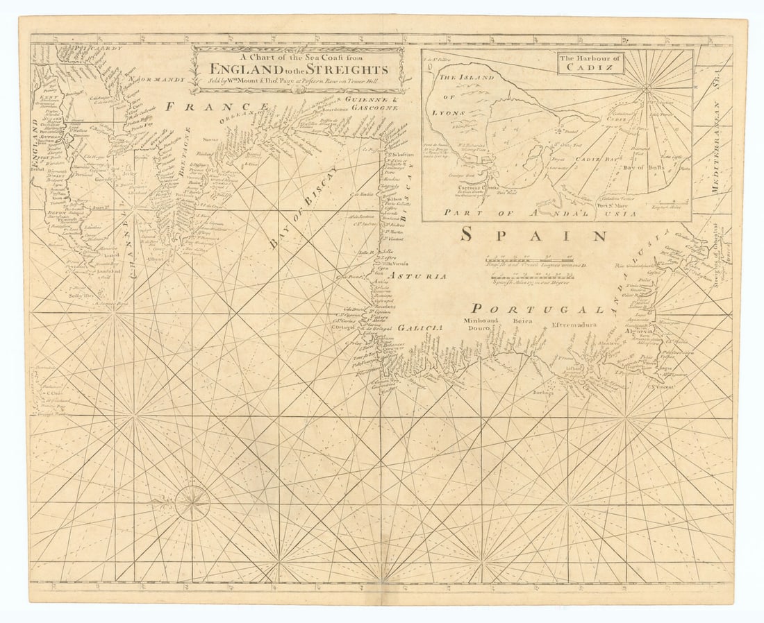A Chart of the Sea Coast from England to the Streights. MOUNT & PAGE 1758 map: Title: A Chart of the Sea Coast from England to the Streights. MOUNT & PAGE 1758 map Description: A Chart of the Sea Coast from England to the Streights // The Harbour of Cadiz'. Antique folio sea cha