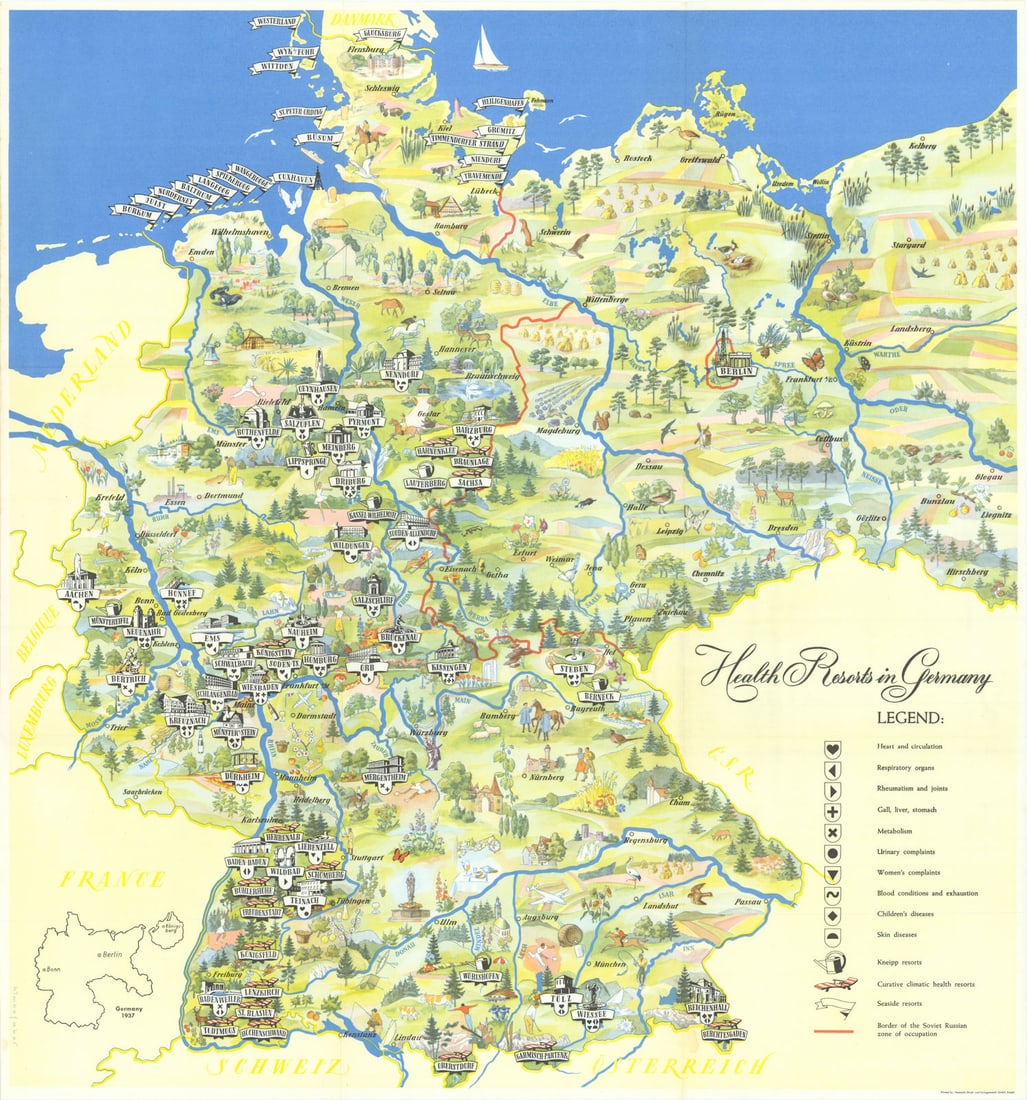 Health Resorts in Germany. Pictorial poster map. Himkefaber 1958 old: Title: Health Resorts in Germany. Pictorial poster map. Himkefaber 1958 old Description: Health Resorts in Germany'. A map of German health resorts, showing separately those specialising in heart and 