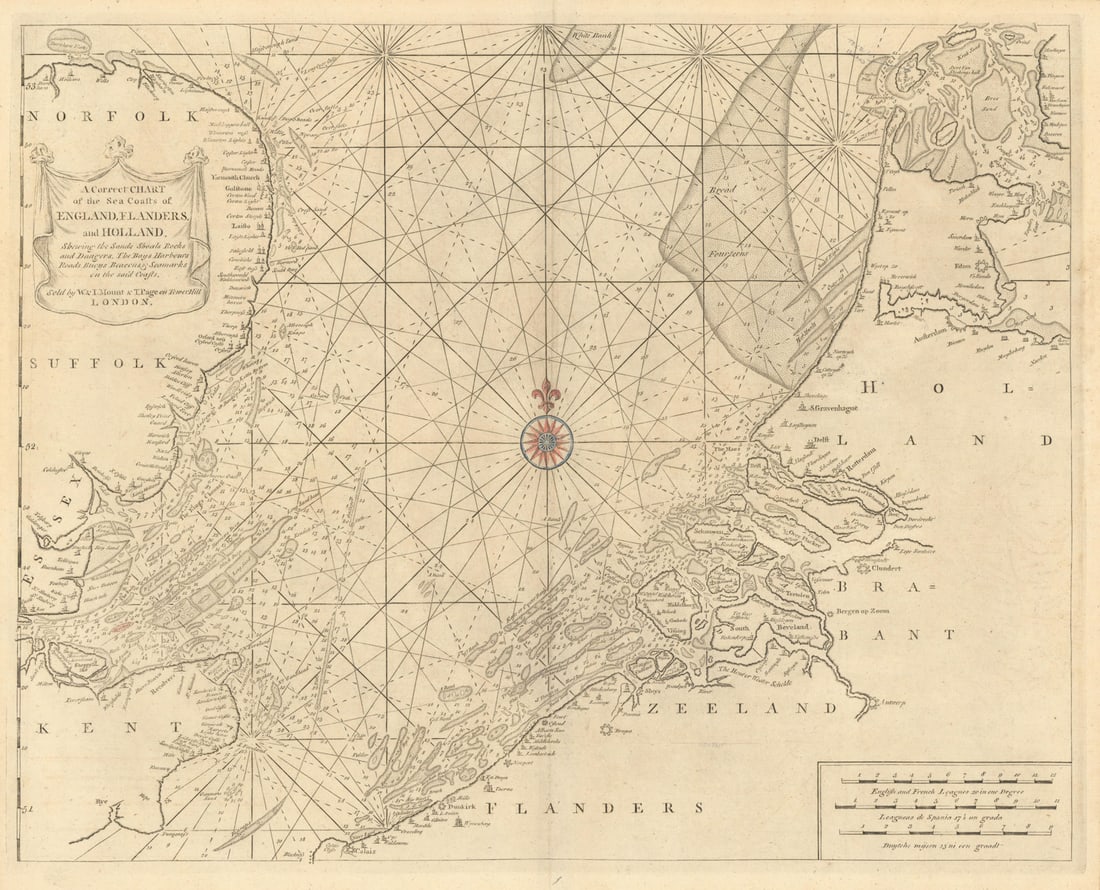 Chart of the Sea Coasts of England, Flanders & Holland. MOUNT & PAGE 1758 map: Title: Chart of the Sea Coasts of England, Flanders & Holland. MOUNT & PAGE 1758 map Description: A Correct Chart of the Sea Coasts of England, Flanders and Holland'. Antique folio sea chart of the so