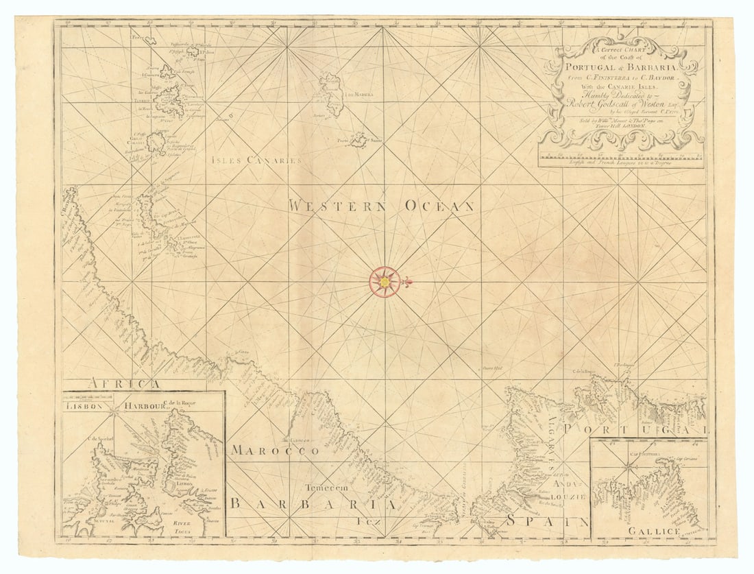 Chart of the Coast of Portugal & Barbaria... Canarie Isles MOUNT & PAGE 1758 map (1 of 1)