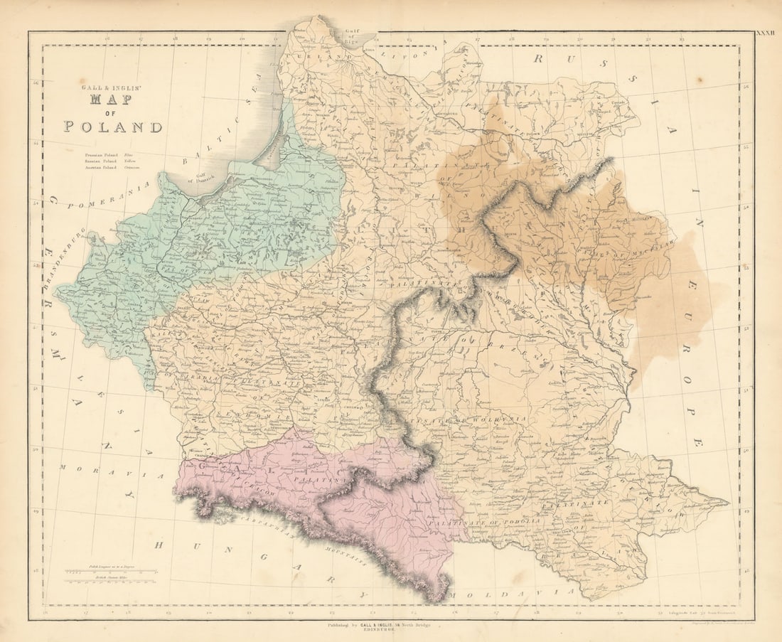 Gall & Inglis' Map of Poland, showing Russian, Prussian & Austria divisions 1850: Title: Gall & Inglis' Map of Poland, showing Russian, Prussian & Austria divisions 1850 Description: Gall & Inglis' Map of Poland'. An unusual map depicting the entirety of Poland during the mid-1
