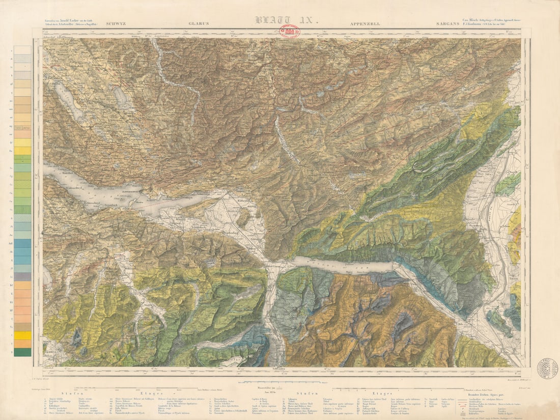 Switzerland geological map. Schwyz Glarus Appenzel St. Gallen Zürich #9 1866: Title: Switzerland geological map. Schwyz Glarus Appenzel St. Gallen Zürich #9 1866 Description: Schwyz - Glarus - Appenzel - Sargans - Blatt 9'. Entworfen von Arnold Escher von der Linth. Vollen