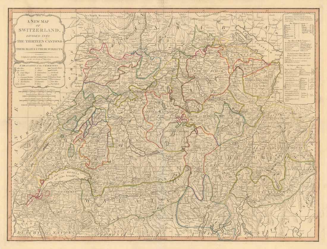 A New Map of Switzerland divided into 13 cantons. Vineyards. LAURIE/WHITTLE 1794 (1 of 1)