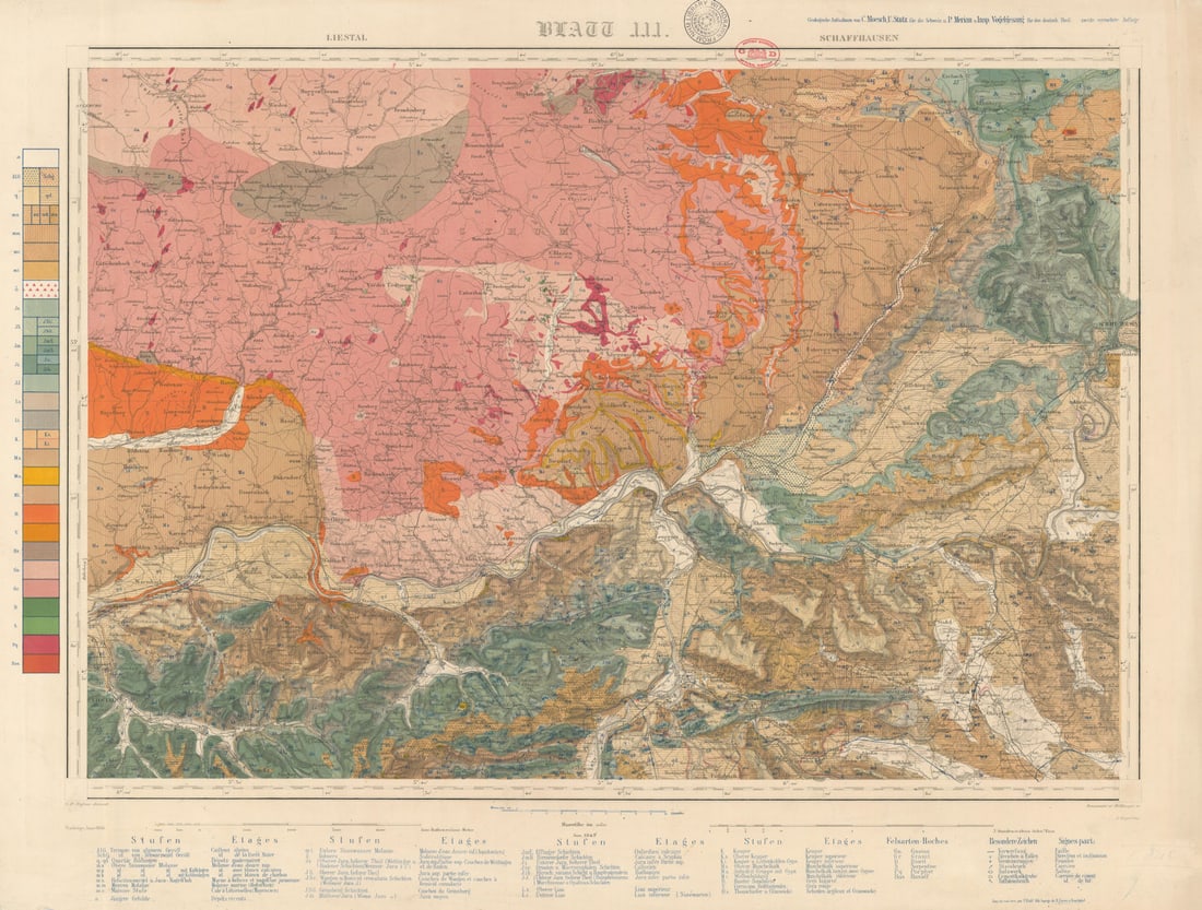 Switzerland geological map. Liestal Schaffhausen Aargau Zürich Baden #3 1866: Title: Switzerland geological map. Liestal Schaffhausen Aargau Zürich Baden #3 1866 Description: Liestal - Schaffhausen - Blatt 3'. Geologische Aufnahmen von C. Moesch, U. Stutz für die Schw