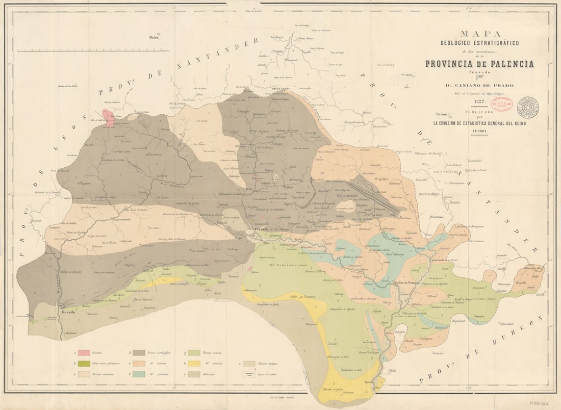 Mapa Geológico Estratigráfico de las montañas de la Provincia de Palencia 1861: Title: Mapa Geológico Estratigráfico de las montañas de la Provincia de Palencia 1861 Description: Mapa Geológico Estratigráfico de las montañas de la Provincia de Palenc