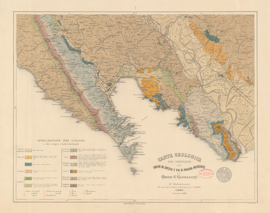 Carta Geologica dei Dintorni del Golfo di Spezia e Val di Magra inf. 1881 map: Title: Carta Geologica dei Dintorni del Golfo di Spezia e Val di Magra inf. 1881 map Description: Carta Geologica dei Dintorni del Golfo di Spezia e Val di Magra inferiore'. Prof G. Capellini. Publish