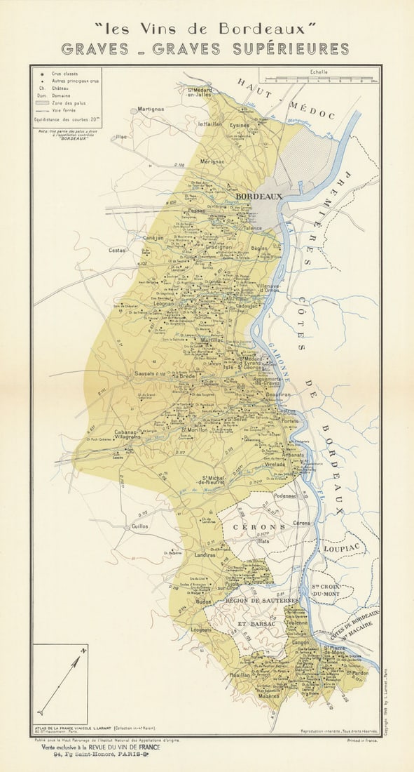 BORDEAUX WINE. Vins de Bordeaux - Graves - Graves Supérieurs. Larmat 1949 map (1 of 1)