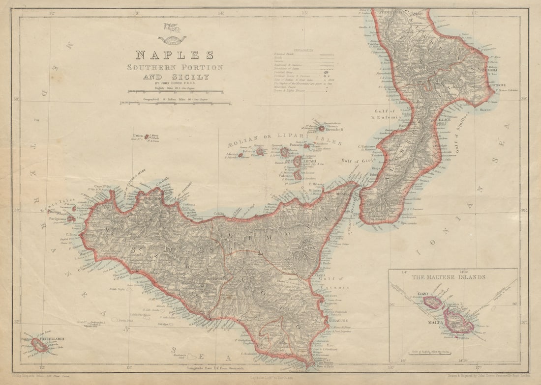 KINGDOM OF NAPLES/TWO SICILIES South. Sicily Malta Italy. DOWER 1862 old map: Title: KINGDOM OF NAPLES/TWO SICILIES South. Sicily Malta Italy. DOWER 1862 old map Description: Naples Southern Portion and Sicily; Inset map of The Maltese Islands'. Drawn & Engraved by John Dower. 