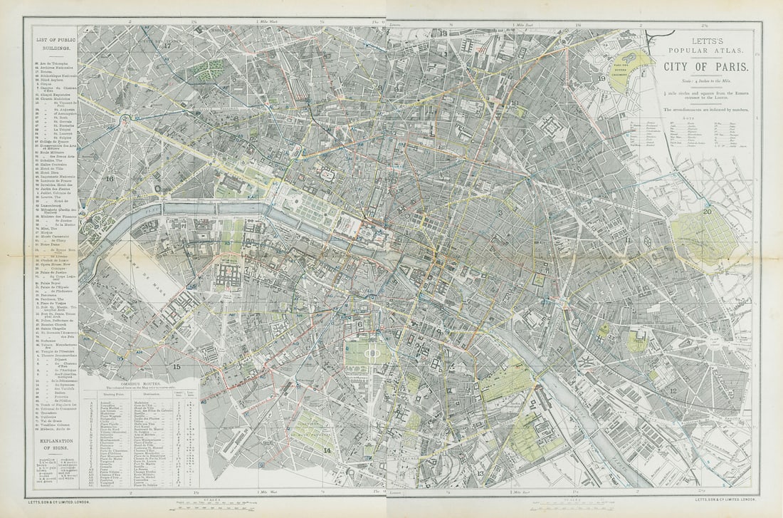 PARIS antique town city map plan. Omnibus routes. LARGE. LETTS 1883 old: Title: PARIS antique town city map plan. Omnibus routes. LARGE. LETTS 1883 old Description: City of Paris'. Published by Letts & Co. Most of the plates used for this atlas were original engraved for t