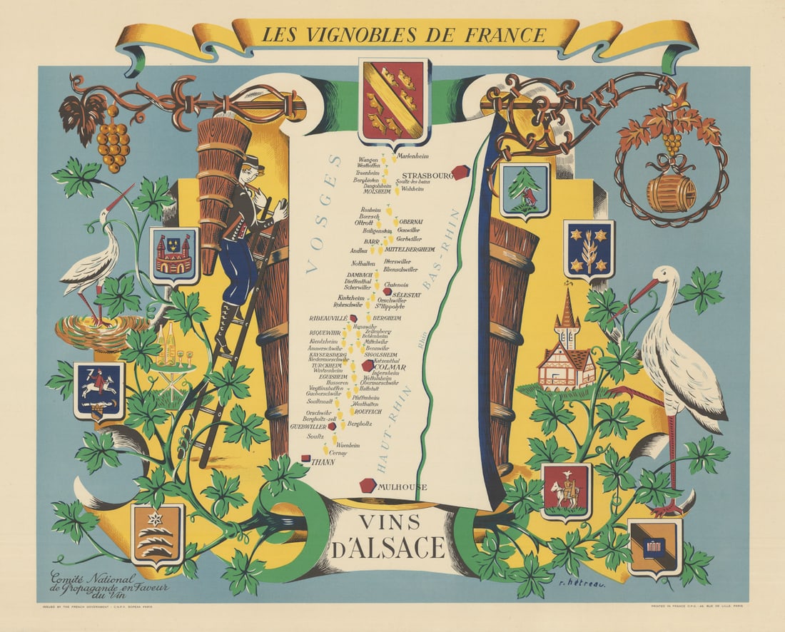 ALSACE WINE MAP Vignobles de France. Vins d'Alsace. Rémy Hétreau HETREAU 1954: Title: ALSACE WINE MAP Vignobles de France. Vins d'Alsace. Rémy Hétreau HETREAU 1954 Description: Les Vignobles de France - Vins d'Alsace'. Rémy Hétreau (1913-2001) was French pain
