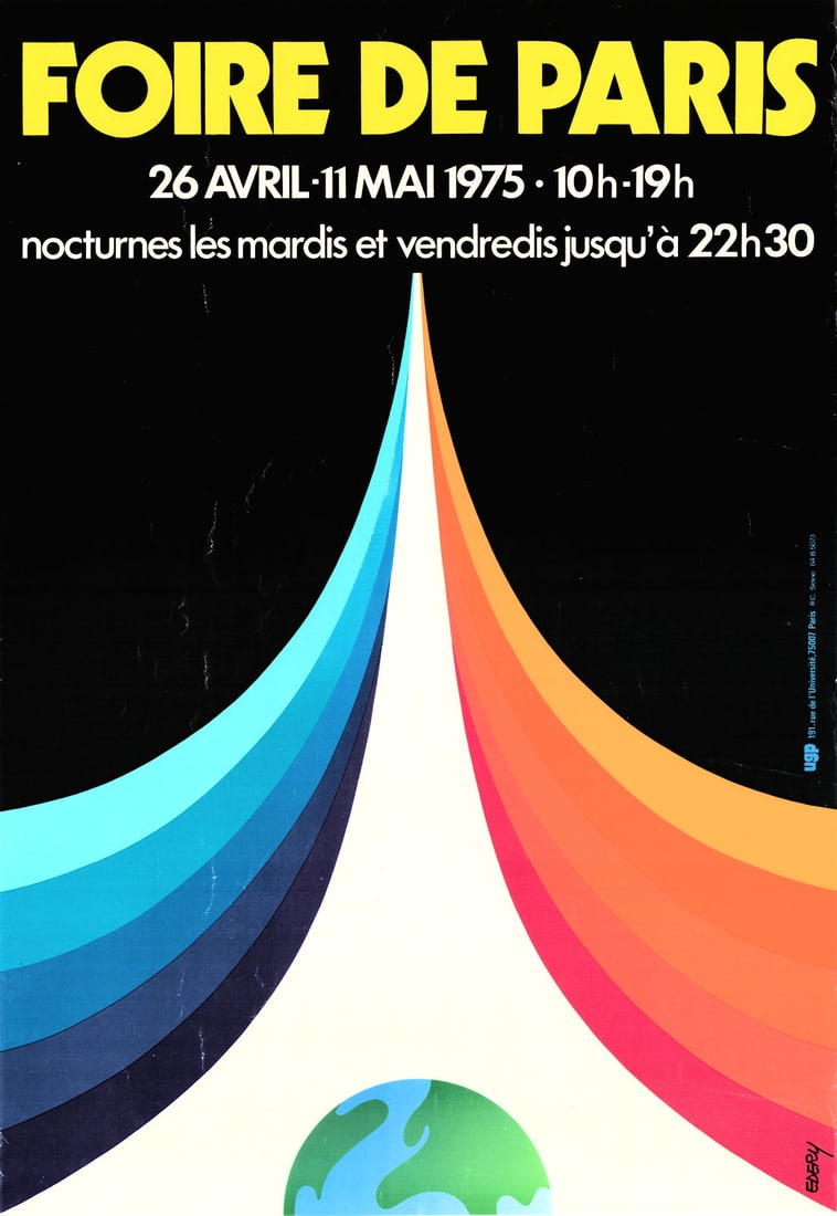 Foire de Paris. Advertising poster by Edery 1975 old vintage print picture: Title: Foire de Paris. Advertising poster by Edery 1975 old vintage print picture Description: Foire de Paris - 26 Avril - 11 Mai 1975 - 10h-19h - nocturens les mardis et vendredis jusqu'à 22h30'
