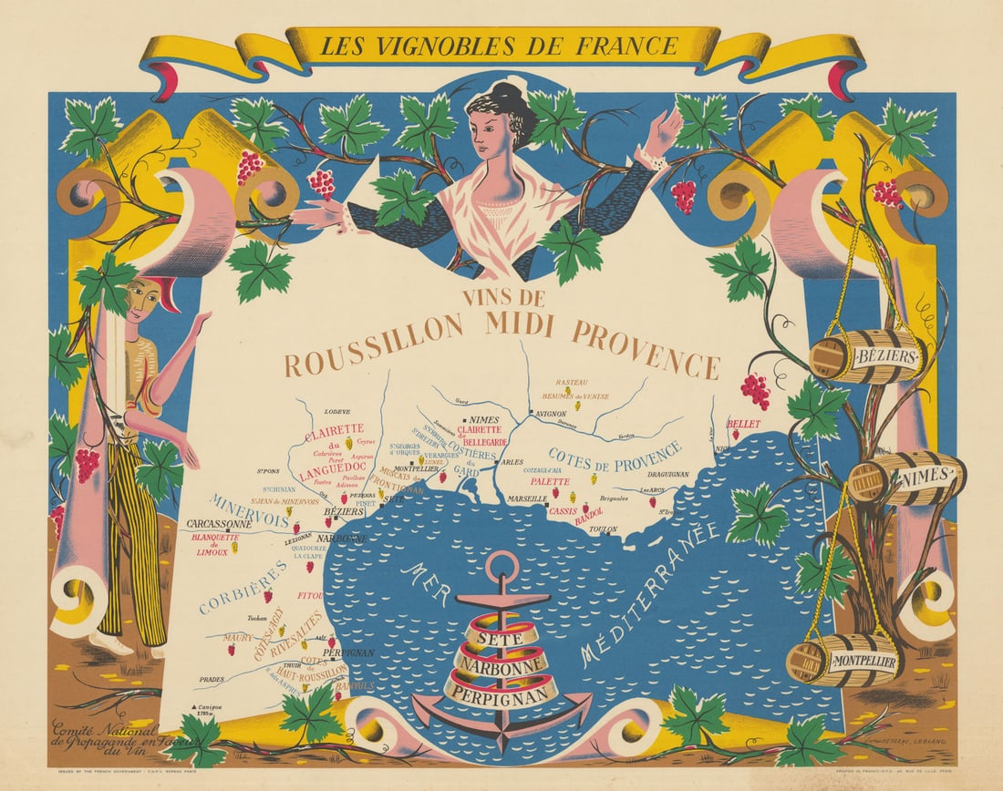 Vins du ROUSSILLON MIDI PROVENCE WINE MAP Vignobles de France. Rémy HETREAU 1954: Title: Vins du ROUSSILLON MIDI PROVENCE WINE MAP Vignobles de France. Rémy HETREAU 1954 Description: Les Vignobles de France - Vins de Roussillon - Midi - Provence / Sete - Narbonne - Perpignan -