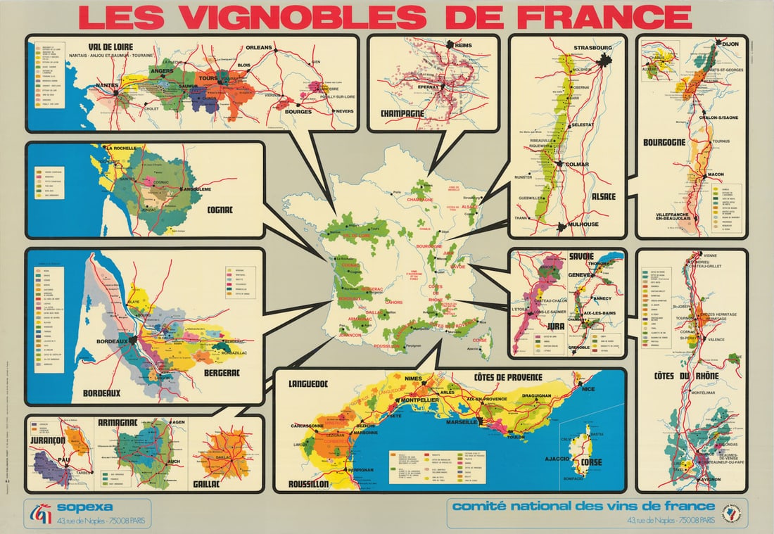 Vignobles de France. French wine regions poster map. SOPEXA/CNVF/Coindeau 1970s: Title: Vignobles de France. French wine regions poster map. SOPEXA/CNVF/Coindeau 1970s Description: Les Vignobles de France - Val de Loire - Champagne - Alsace - Bourgogne - Jura - Savoie - Côtes