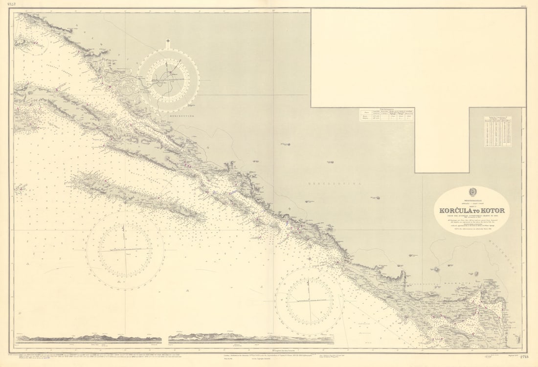 Dalmatia Korcula Mljet Kotor Croatia Montenegro ADMIRALTY chart 1878 (1955) map: Title: Dalmatia Korcula Mljet Kotor Croatia Montenegro ADMIRALTY chart 1878 (1955) map Description: Mediterranean - Adriatic - East Coast - Sheet V - Korčula to Kotor'. From the Austrian