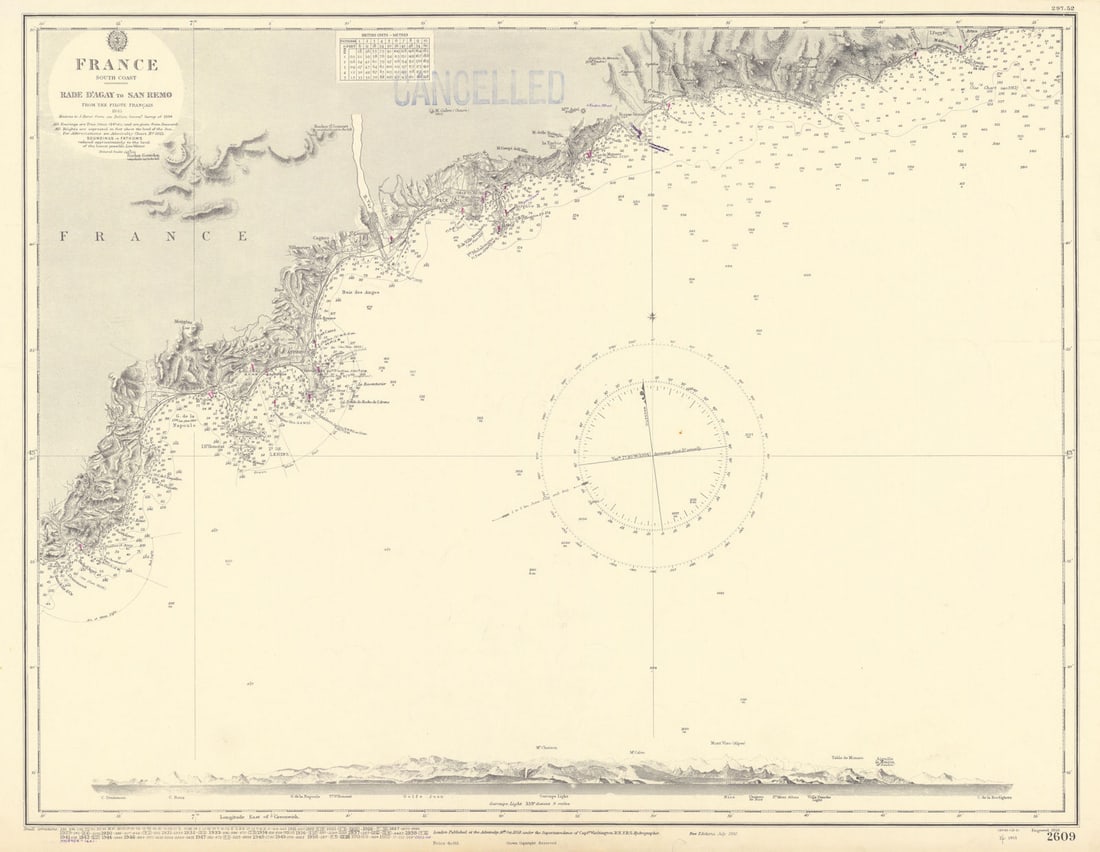 Côte d'Azur coast Alpes-Maritimes Liguria ADMIRALTY chart 1858 (1954) old map (1 of 1)