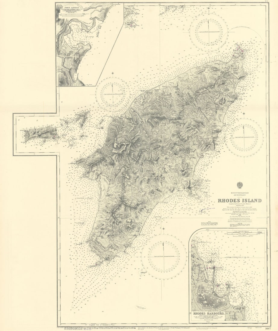 Rhodes Island/harbours. Port Lindos. Greece. ADMIRALTY sea chart 1862 (1955) map: Title: Rhodes Island/harbours. Port Lindos. Greece. ADMIRALTY sea chart 1862 (1955) map Description: Mediterranean - Archipelago - Rhodes Island // Port Lindos // Rhodes Harbours'. Surveyed by Comr. T