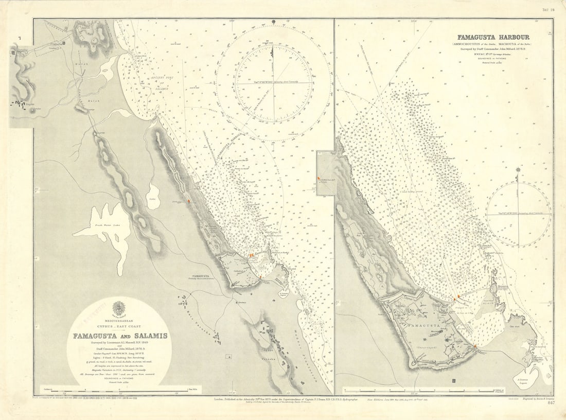 Famagusta harbour Salamis Cyprus Gazimagusa ADMIRALTY sea chart 1879 (1928) map (1 of 1)