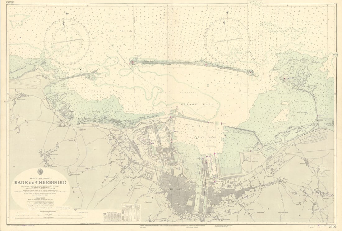 Rade de Cherbourg. Manche France. ADMIRALTY sea chart 1930 (1954) old map (1 of 1)