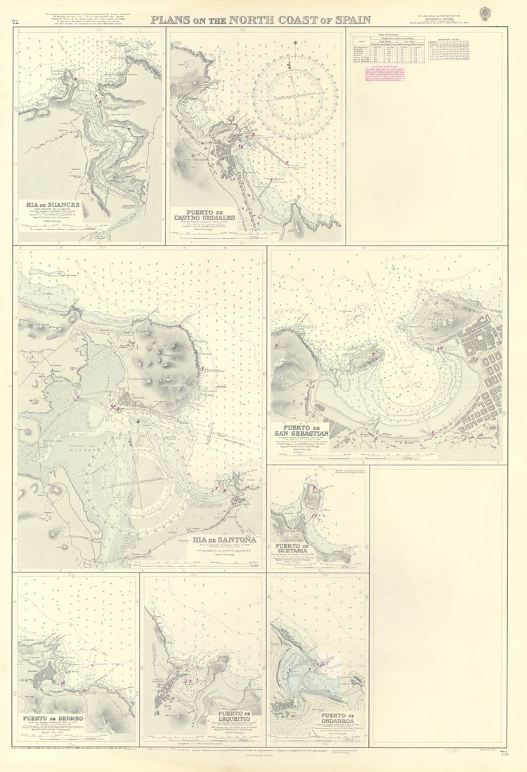 North Spain harbours. Suances San Sebastian ADMIRALTY sea chart 1932 (1981) map: Title: North Spain harbours. Suances San Sebastian ADMIRALTY sea chart 1932 (1981) map Description: Plans on the North Coast of Spain // Ria de Suances (San Martin de la Arena) // Port de Castro Urdia