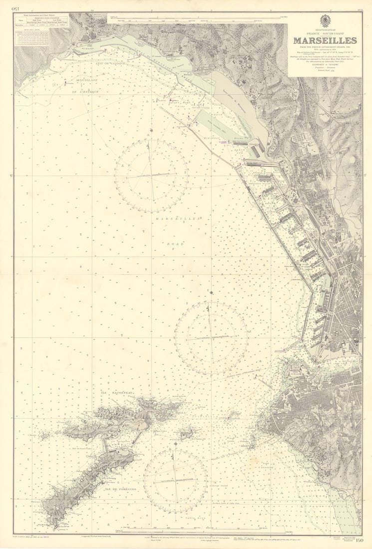Marseilles port. Bouches-du-Rhône. ADMIRALTY sea chart 1909 (1956) old map: Title: Marseilles port. Bouches-du-Rhône. ADMIRALTY sea chart 1909 (1956) old map Description: Mediterranean - France - South Coast - Marseilles'. From the French Government charts 1898 with corr