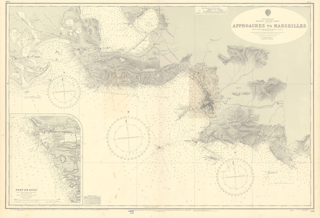 Marseilles approaches Bouches-du-Rhône coast ADMIRALTY sea chart 1904 (1956) map: Title: Marseilles approaches Bouches-du-Rhône coast ADMIRALTY sea chart 1904 (1956) map Description: Mediterranean - France - South Coast - Approaches to Marseilles'. From French Government chart