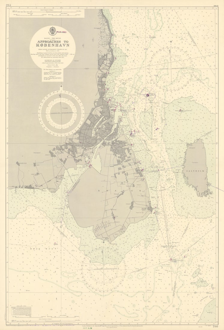Copenhagen København approaches. Denmark. ADMIRALTY sea chart 1951 (1956) map: Title: Copenhagen København approaches. Denmark. ADMIRALTY sea chart 1951 (1956) map Description: Baltic - The Sound - Approaches to København'. From Danish Government charts to 1947 with co
