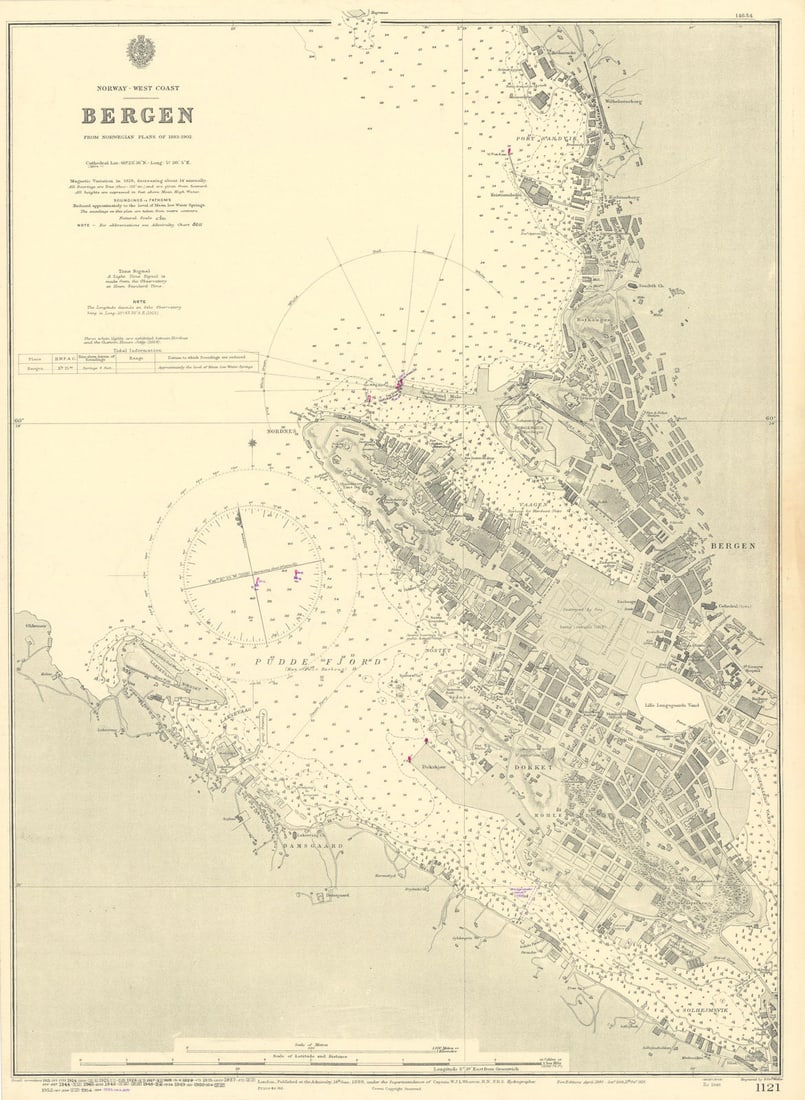 Bergen, Norway. ADMIRALTY sea chart city plan 1888 (1955) old vintage map (1 of 1)