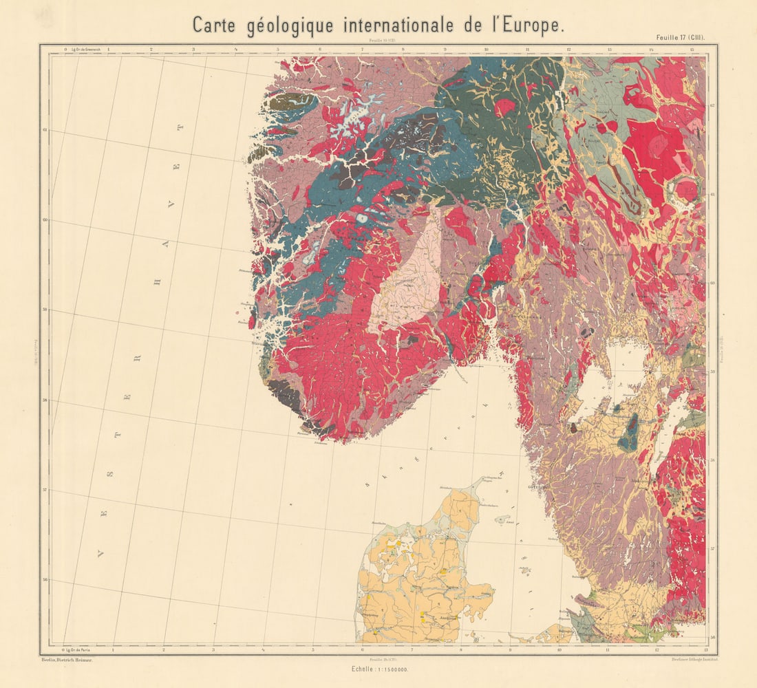 Geological map Southern Norway & Sweden, Northern Denmark. BEYSCHLAG 1902: Title: Geological map Southern Norway & Sweden, Northern Denmark. BEYSCHLAG 1902 Description: Carte géologique internationale de l'Europe - Feuille 17 (CIII) - [Southern Norway & Sweden, Nort