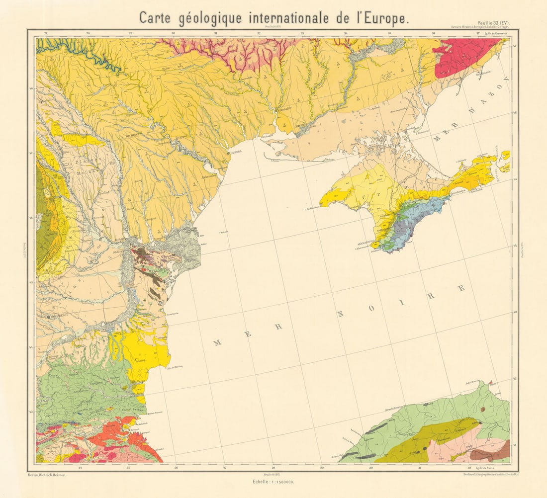 Geological map Black Sea. Ukraine Crimea Romania Bulgaria. BEYSCHLAG 1911: Title: Geological map Black Sea. Ukraine Crimea Romania Bulgaria. BEYSCHLAG 1911 Description: Carte géologique internationale de l'Europe - Feuille 33 (EV) - [Western Black Sea - southern Ukraine