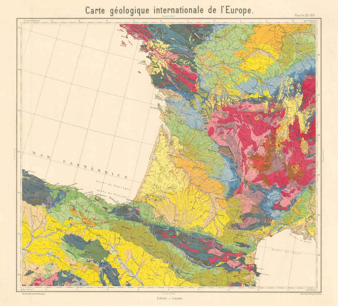 Geological map North east Spain and south west France. BEYSCHLAG 1896 old (1 of 1)