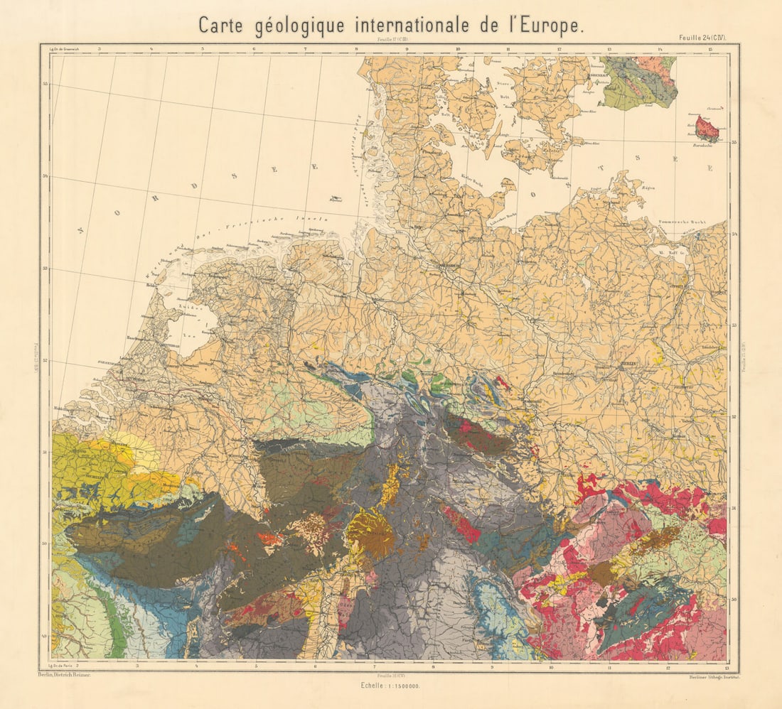 Geological map Germany Netherlands Belgium Denmark Czechia. BEYSCHLAG 1894: Title: Geological map Germany Netherlands Belgium Denmark Czechia. BEYSCHLAG 1894 Description: Carte géologique internationale de l'Europe - Feuille 24 (CIV) - [North European Plain - Northern Ge