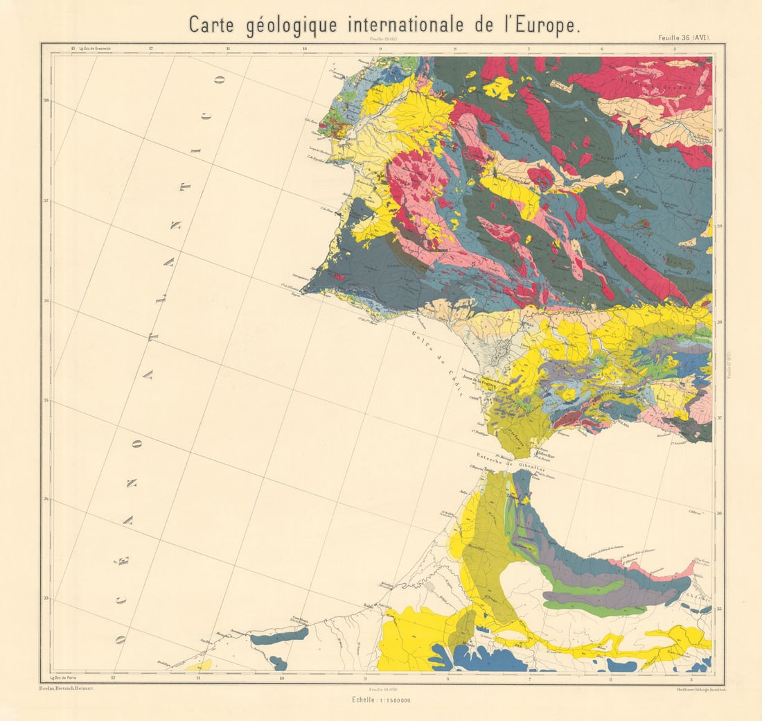 Geological map SW Spain, South Portugal & North Morocco. BEYSCHLAG 1896: Title: Geological map SW Spain, South Portugal & North Morocco. BEYSCHLAG 1896 Description: Carte géologique internationale de l'Europe - Feuille 36 (AVI) - [South west Spain, southern Portugal, 