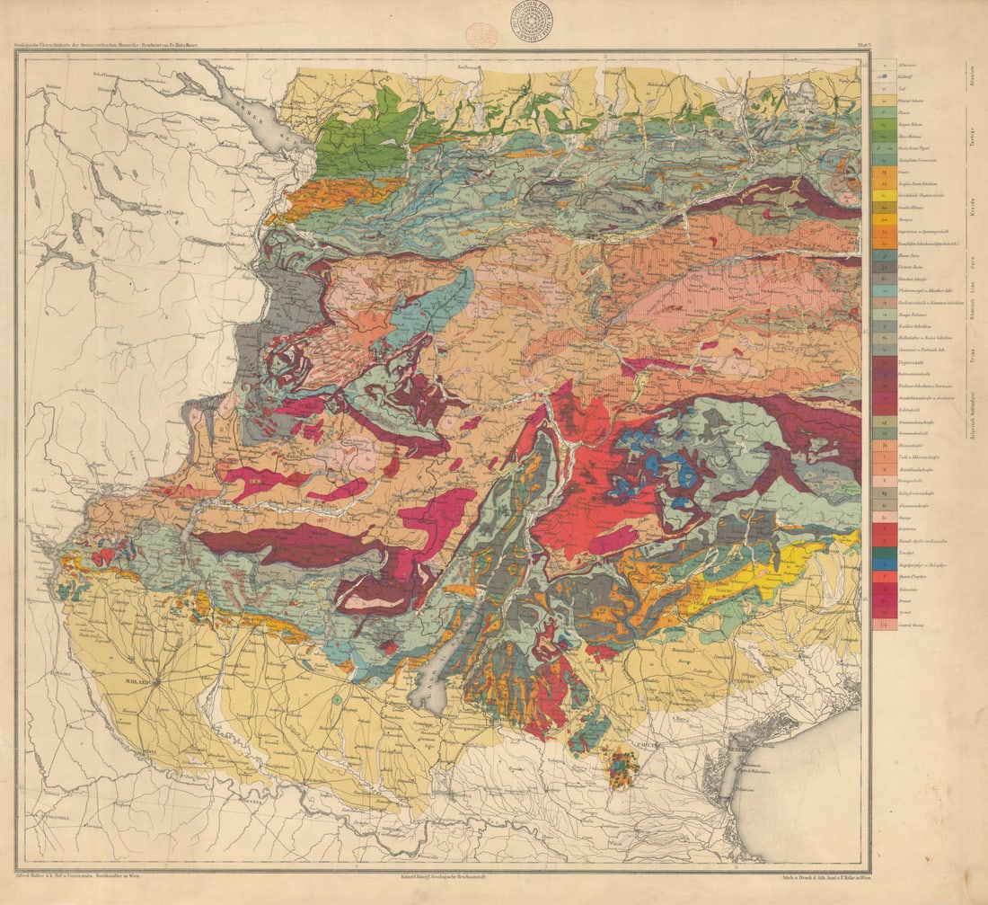 Austria-Hungary Geological map #5 West Austria & Northeast Italy. 65x72cm 1874 (1 of 1)