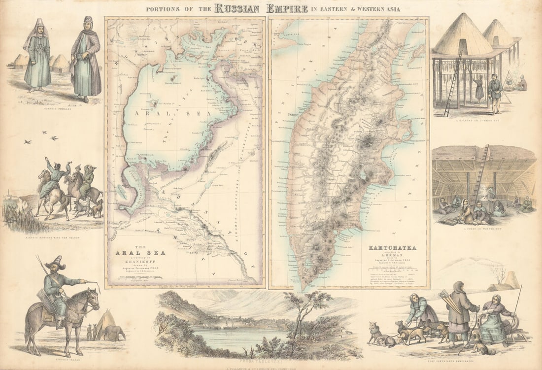 Russian Empire. Aral Sea & Kamtchatka. FULLARTON c1863 old antique map chart: Title: Russian Empire. Aral Sea & Kamtchatka. FULLARTON c1863 old antique map chart Description: Portions of the Russian Empire in Eastern and Western Asia. 1. The Aral Sea According to Khanikoff. 2. 