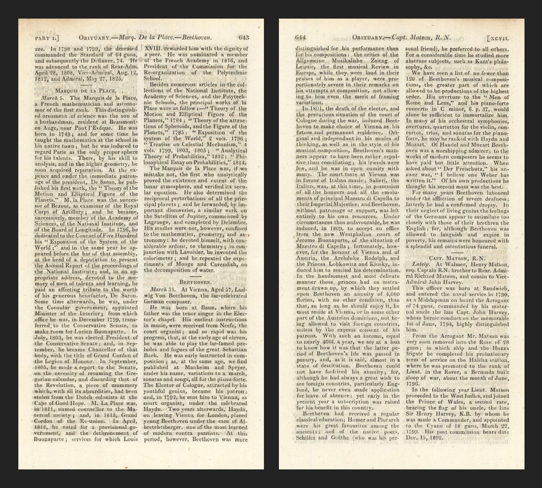 Obituary of Ludwig van Beethoven "the far-celebrated" composer. Gents Mag 1827 (1 of 1)