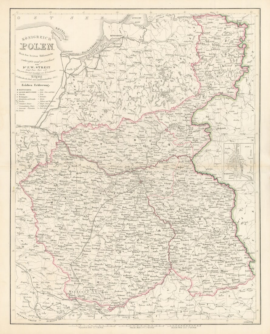 Königreich Polen. The Kingdom of Poland. Stein/Streit 1858 old antique map: Title: Königreich Polen. The Kingdom of Poland. Stein/Streit 1858 old antique map Description: Königreich Polen [Kingdom of Poland]. The map features a small city plan of Warsaw . Dr. C. G.