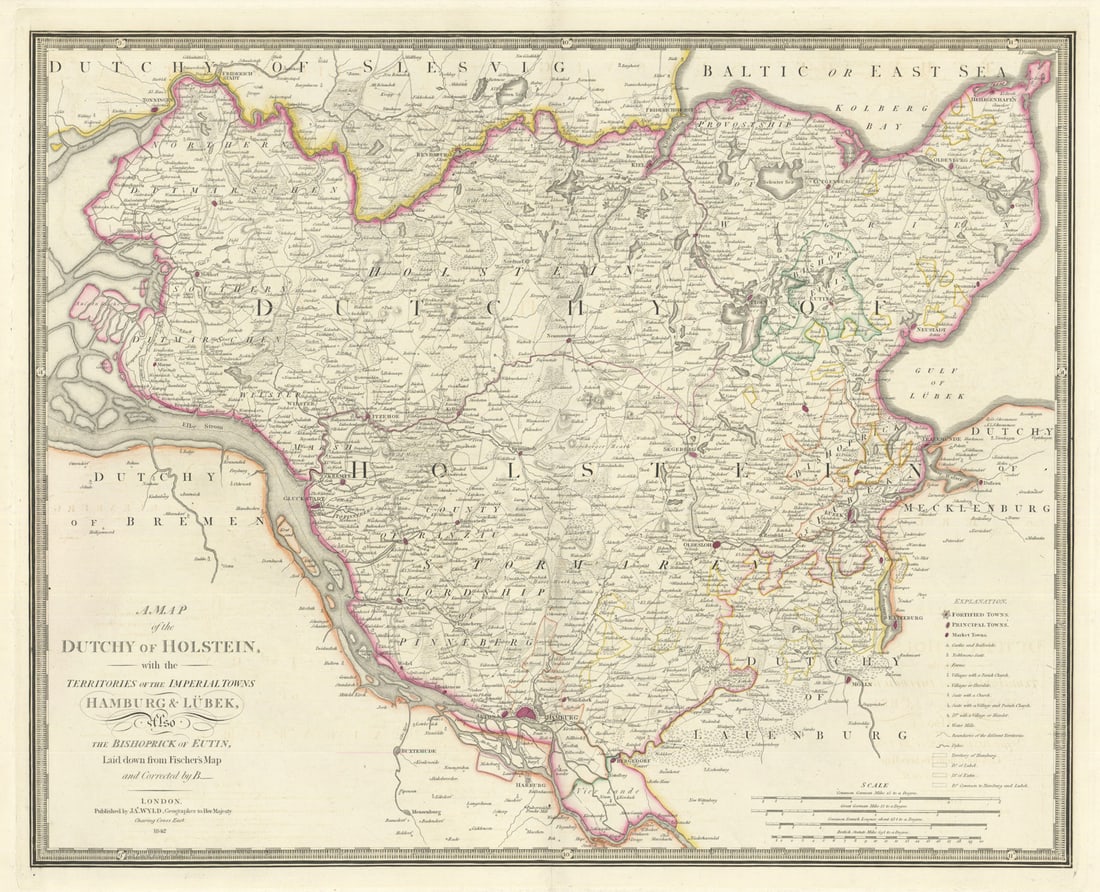 A Map of the Dutchy of Holstein with… Hamburg & Lübek… by James Wyld 1842 (1 of 1)