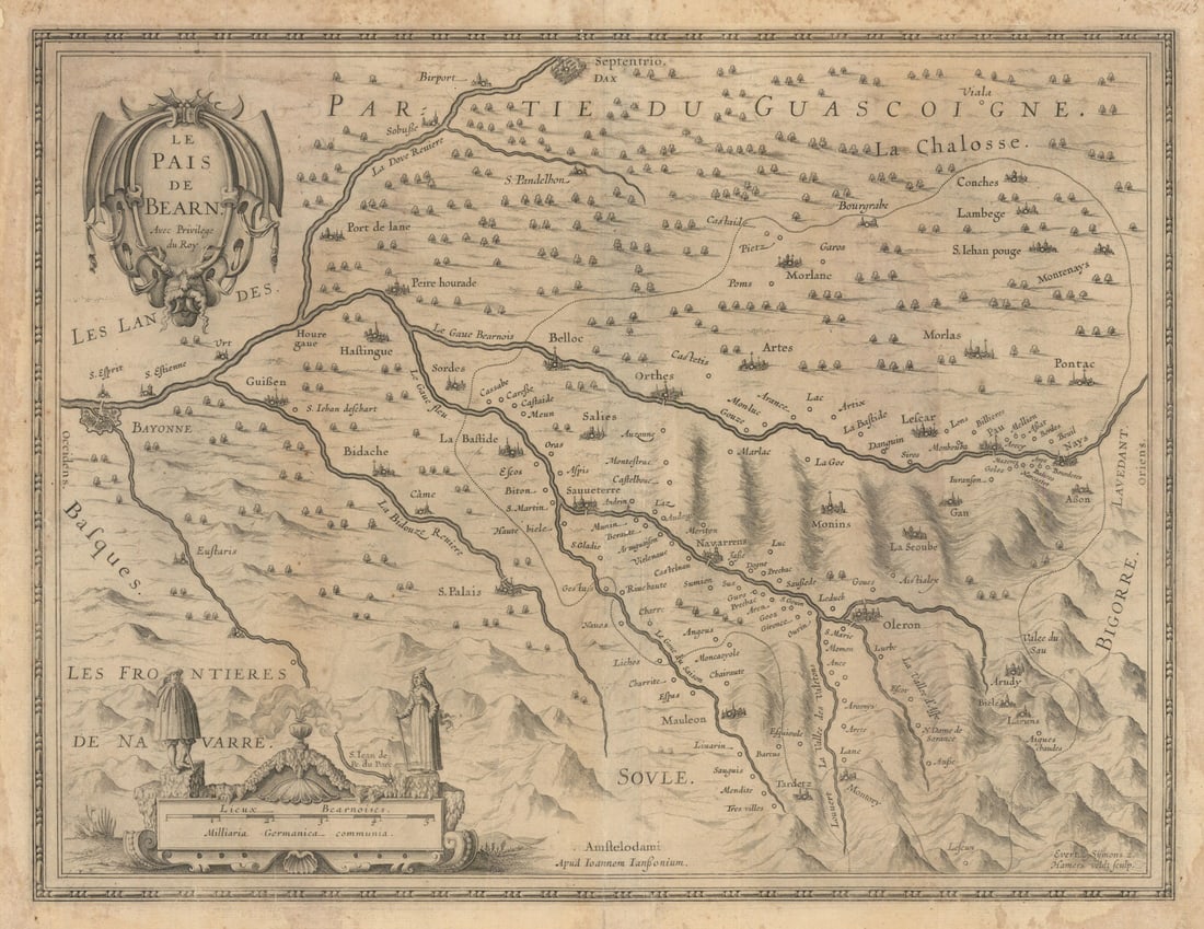 Le Pais de Bearn. Béarn. Pyrénées-Atlantiques. Johannes Janssonius c1631 map: Title: Le Pais de Bearn. Béarn. Pyrénées-Atlantiques. Johannes Janssonius c1631 map Description: Le Pais de Bearn [The Country of Béarn]. The Province of Bearn, now roughly