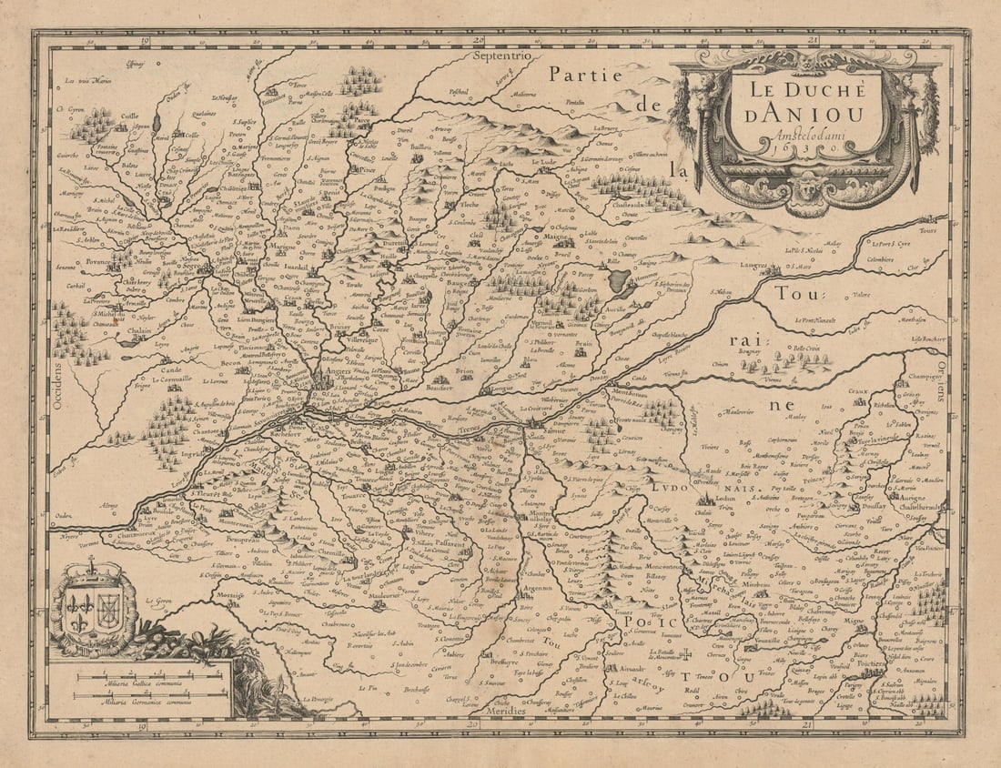 La Duche d'Aniou. Duchy of Anjou. Angers. Maine-et-Loire. Janssonius 1630 map: Title: La Duche d'Aniou. Duchy of Anjou. Angers. Maine-et-Loire. Janssonius 1630 map Description: La Duche d'Aniou [The Duchy of Anjou]. The Duchy of Anjou; the environs of Angers, roughly now the dep
