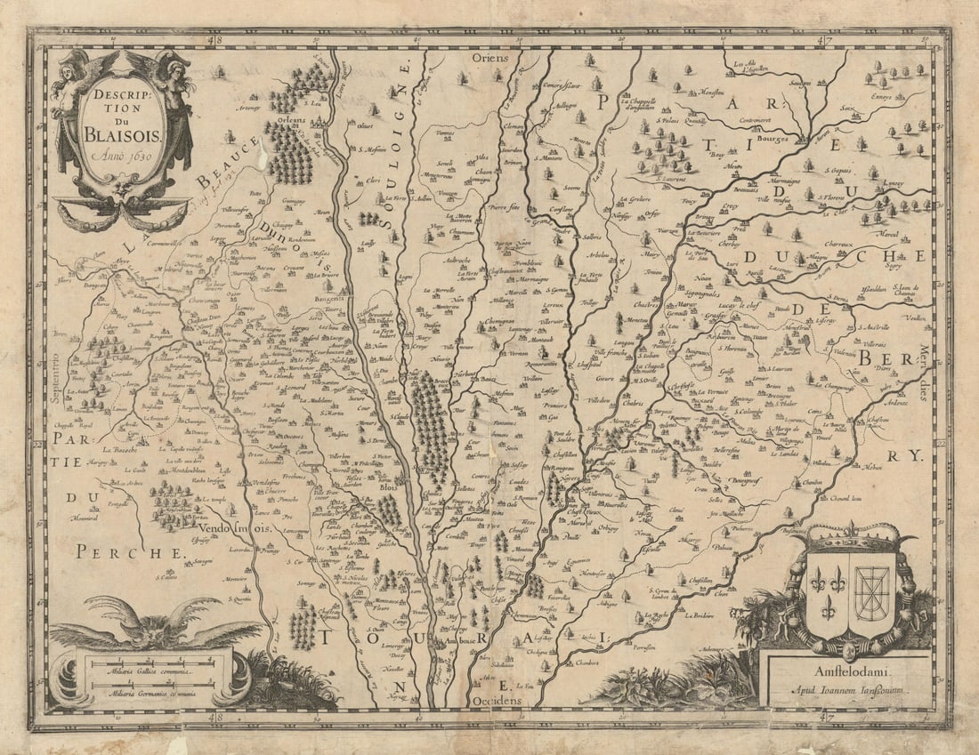 Description du Blaisois. Blois region. Loir-et-Cher by Janssonius 1630 old map: Title: Description du Blaisois. Blois region. Loir-et-Cher by Janssonius 1630 old map Description: Description du Blaisois [Description of the region of Blois]. The region of Blois, now roughly
