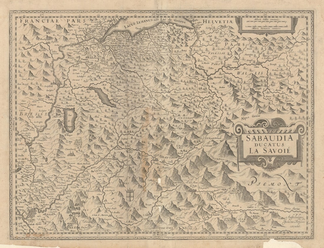 Sabaudia Ducatus La Savoié. Haute-Savoie Isère Valais Susa. Hondius c1631 map: Title: Sabaudia Ducatus La Savoié. Haute-Savoie Isère Valais Susa. Hondius c1631 map Description: Sabaudia Ducatus La Savoié [Duchy of Savoy]. The Duchy of Savoy, now roughly