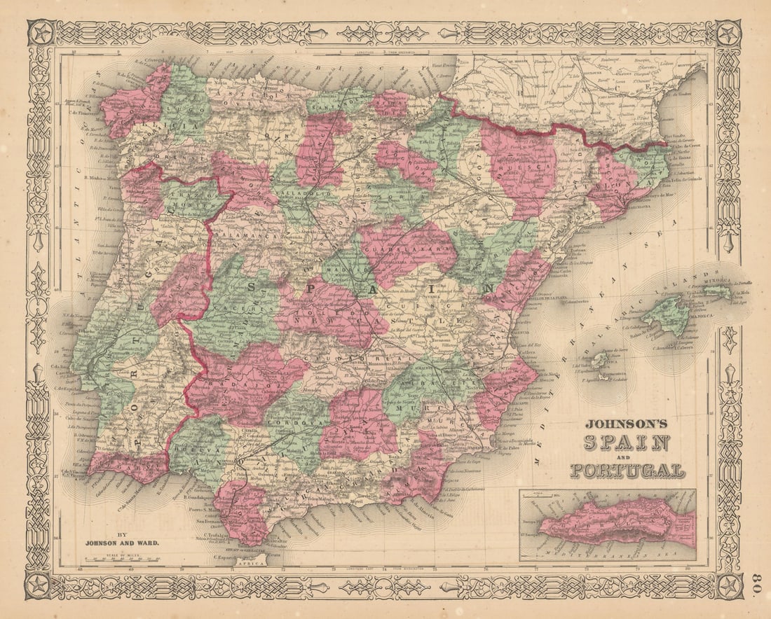 Johnson's Spain and Portugal. Iberia. Gibraltar 1865 old antique map chart: Title: Johnson's Spain and Portugal. Iberia. Gibraltar 1865 old antique map chart Description: Johnson's Spain and Portugal' by Johnson, Alvin Jewett. Published 1865. Large, decorative hand coloured 1