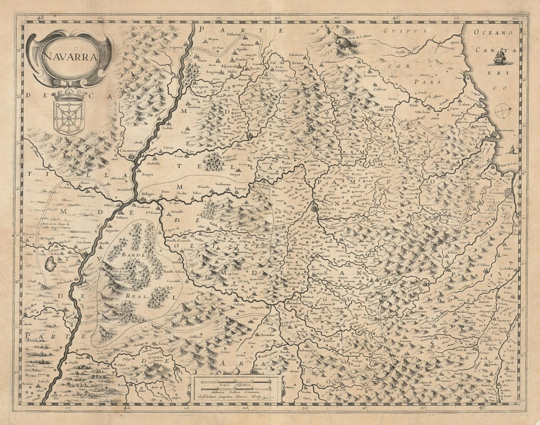 Navarra. The Province of Navarre, Spain by Henricus Hondius c1636 old map: Title: Navarra. The Province of Navarre, Spain by Henricus Hondius c1636 old map Description: Navarra [Navarre]. The Province of Navarra (Navarre), Spain. The map is orientated towards the west .