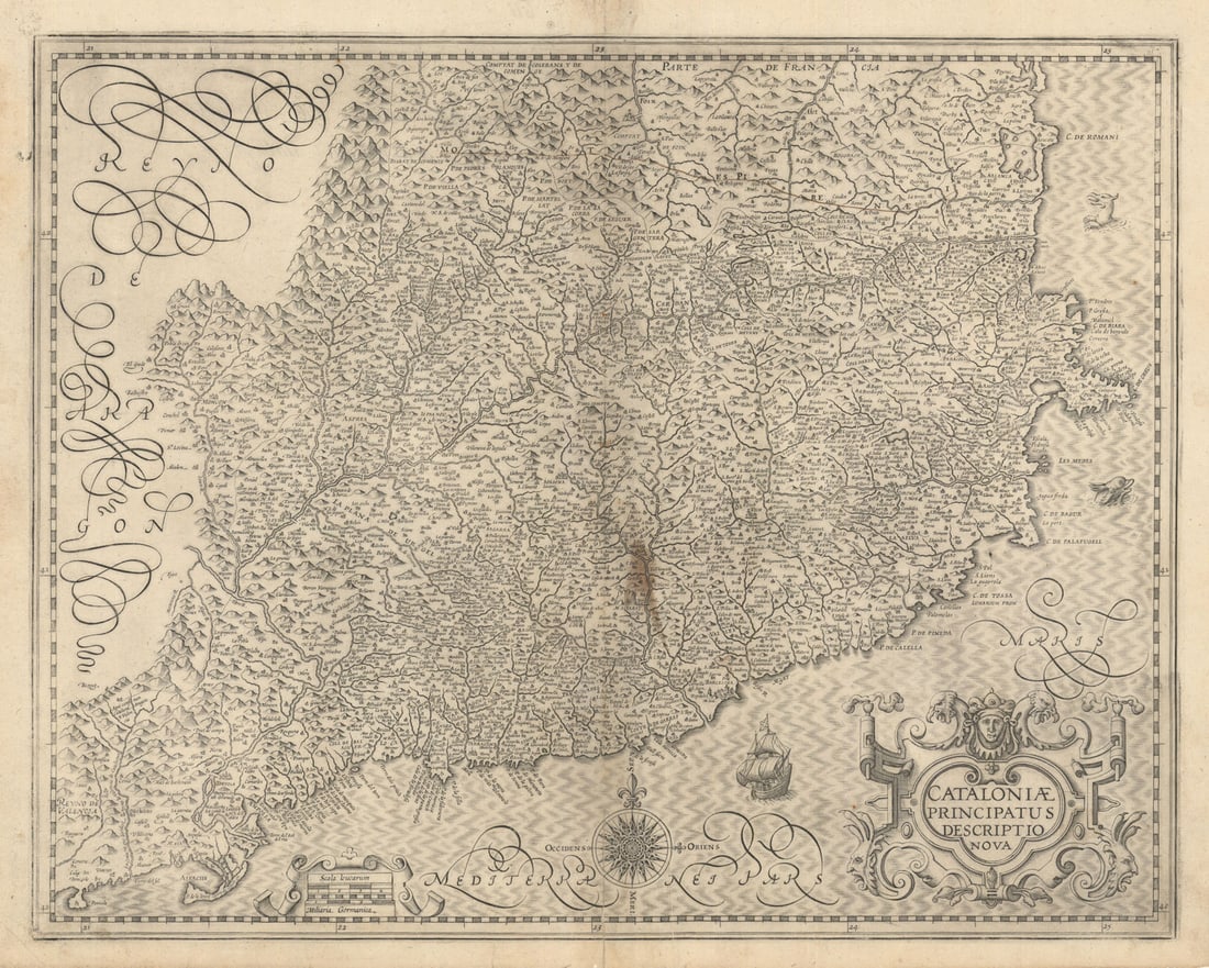 Cataloniae Principatus Descriptio Nova. Catalonia, Spain by Hondius c1606 map: Title: Cataloniae Principatus Descriptio Nova. Catalonia, Spain by Hondius c1606 map Description: Cataloniae Principatus Descriptio Nova [New description of the Principality of Catalonia]. Catalonia, 